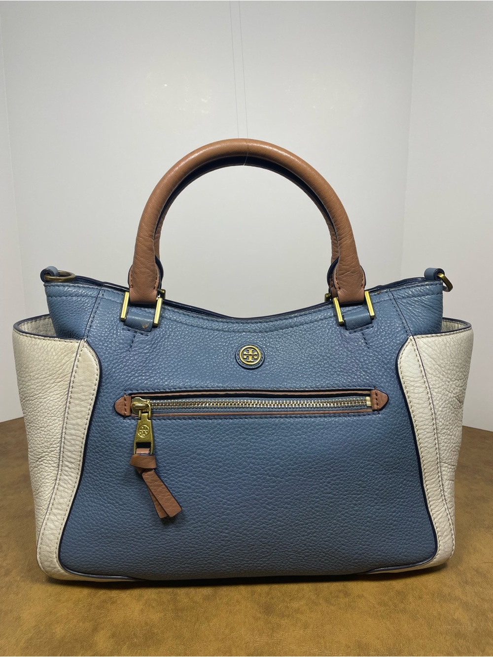 Tory Burch Frances Colorblock Satchel Blue Ivory Tan Leather